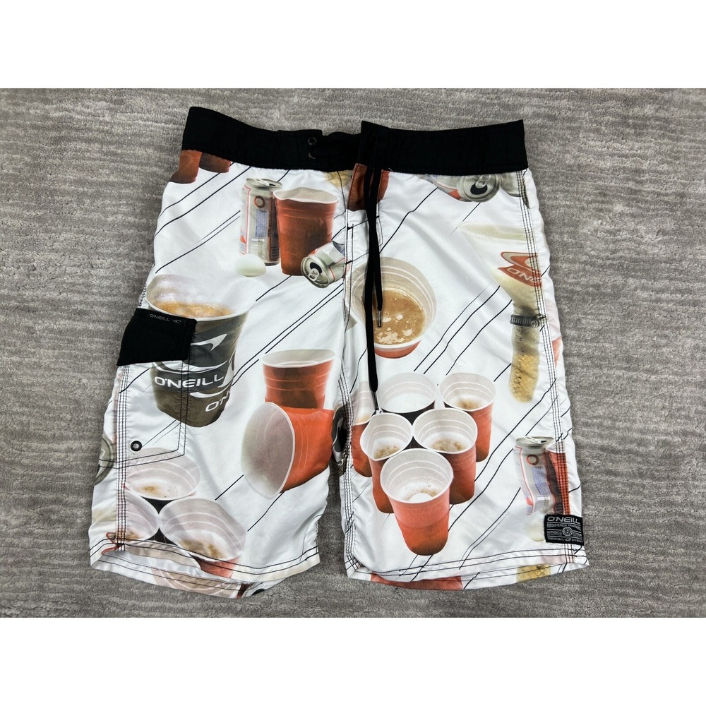 O'Neill Board Shorts Mens‎ 31 White Beer Pong Party Print Swim Trunks Novelty